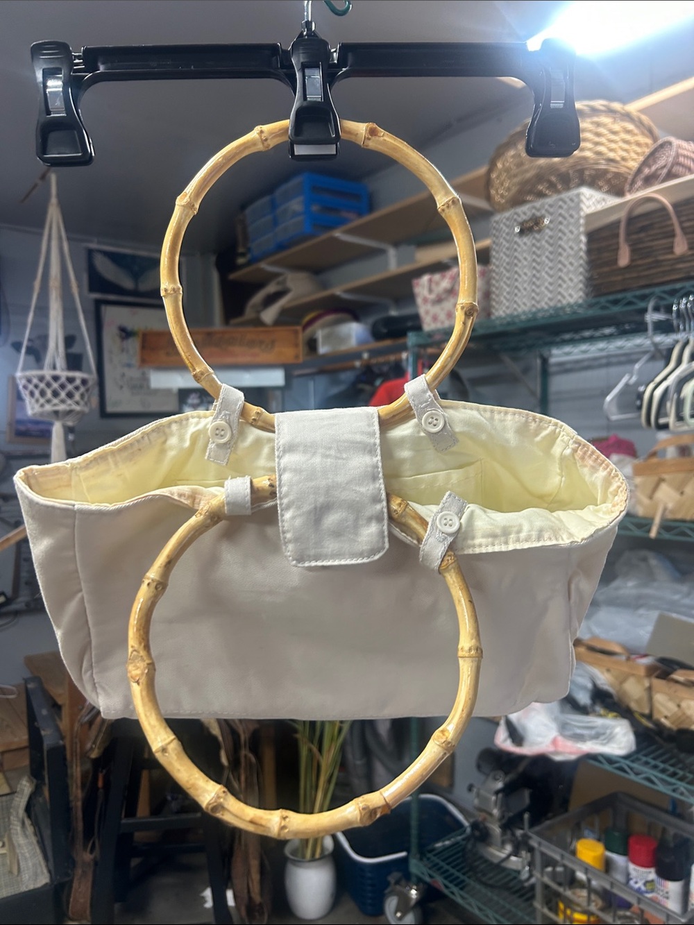 Women’s Cream Bamboo Handle Tote Bag Reversible